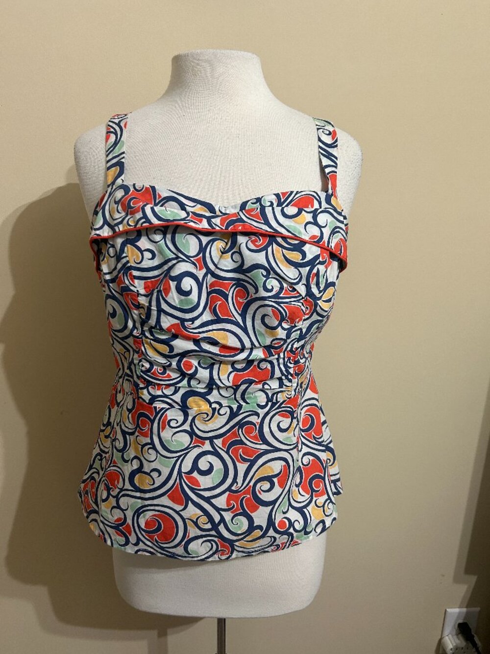 CABI Keepsake Cami SIZE 8 Retro Print Cotton Top Adjustable Straps Vintage Style